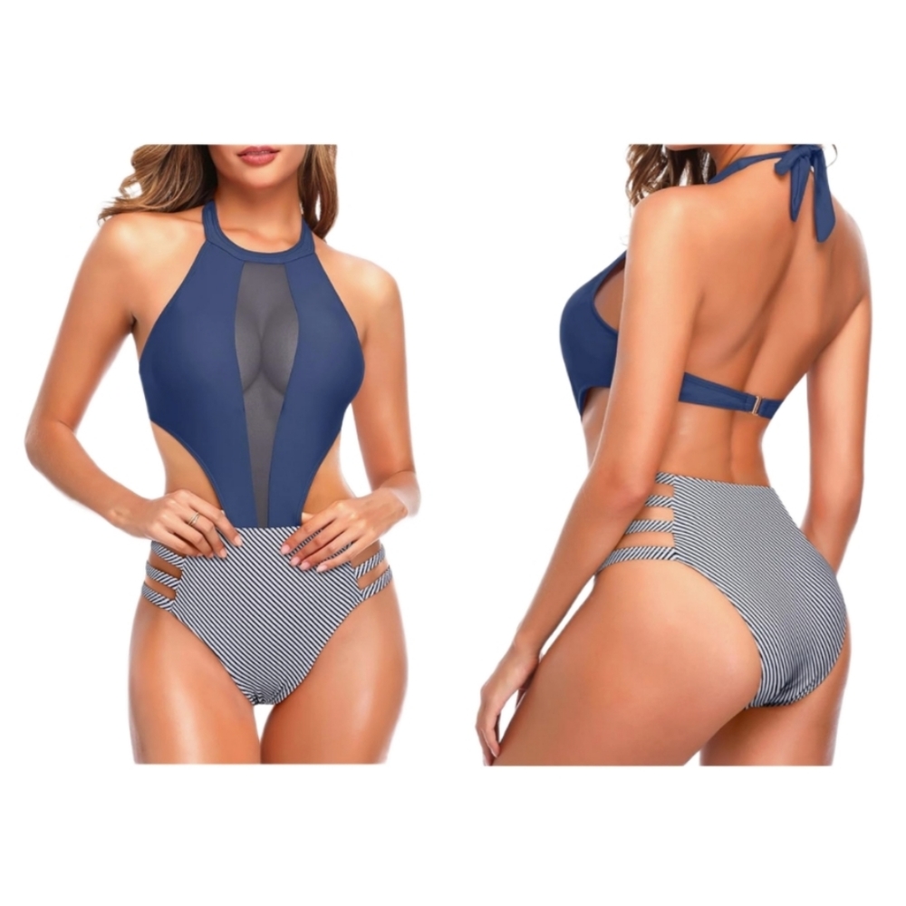 NWT Tempt Me Women's Med 1 Piece Monokini Sexy High Neck Halter Cut Out Navy